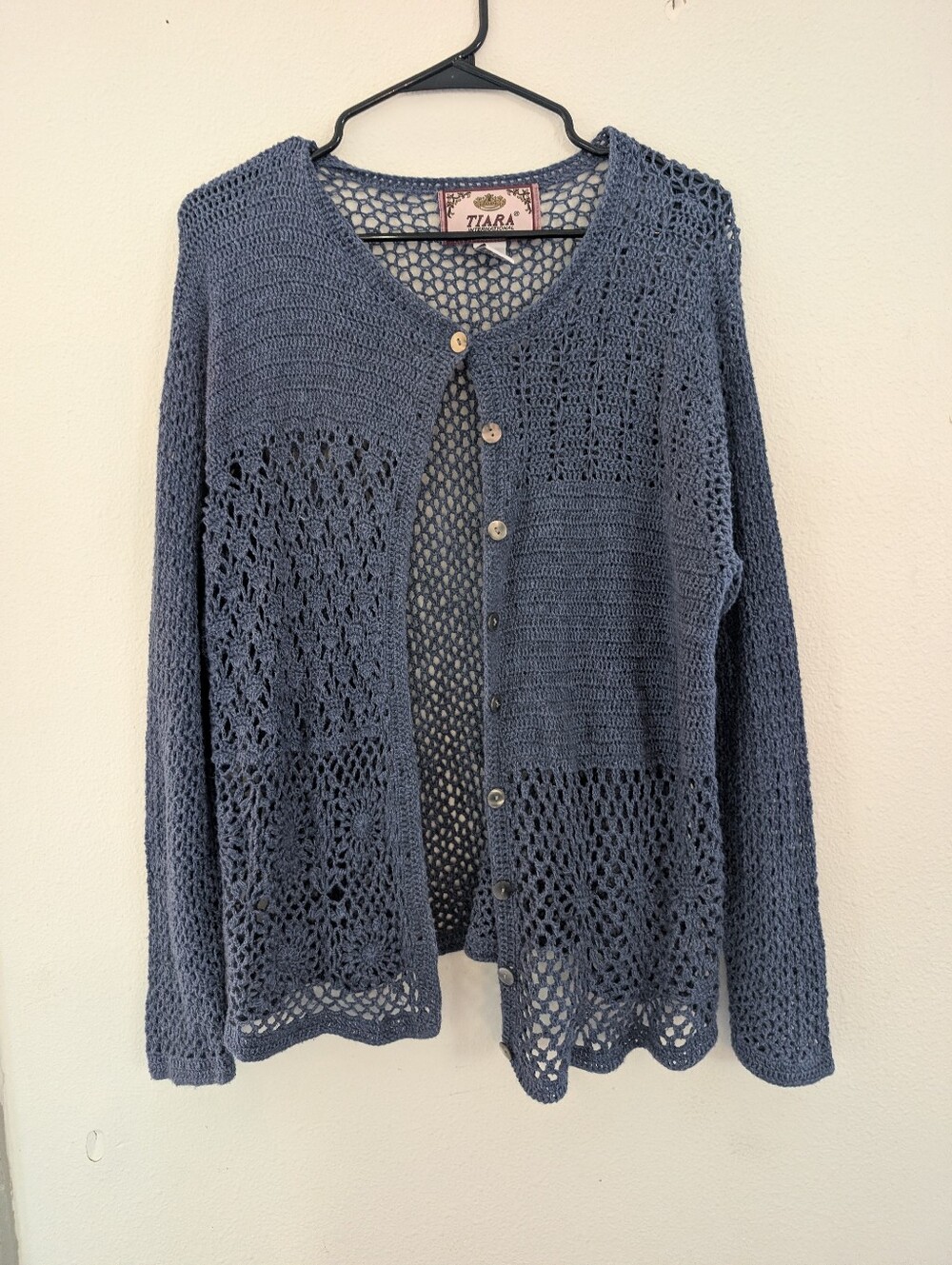 Tiara Slate Blue Crochet Button-Front Cardigan